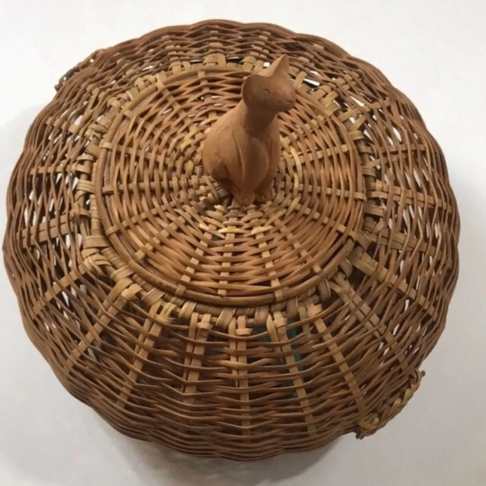 Handcrafted Wicker Basket with Cat Figurine Lid